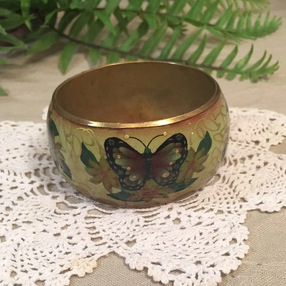 Vintage Floral And Butterfly Enameled Brass Bracelet - Picture 6 of 13